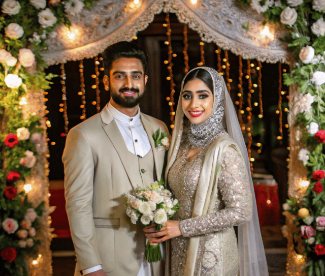 couple-front-wedding-arch-with-flowers-man-suit
